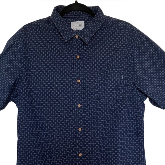 Level Ten Men's Navy Blue Geometric Short Sleeve Button Up Cotton Shirt Large - Picture 2 of 8
